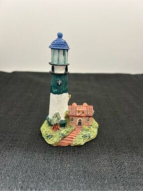 Miniature Lighthouse Figurine White Green Blue Ivy Roses